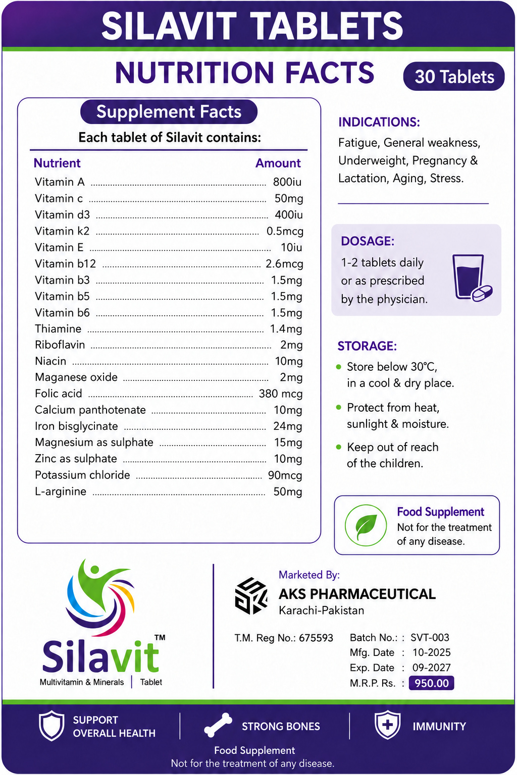 Silavit Multivitamin & Mineral Tablets product label details